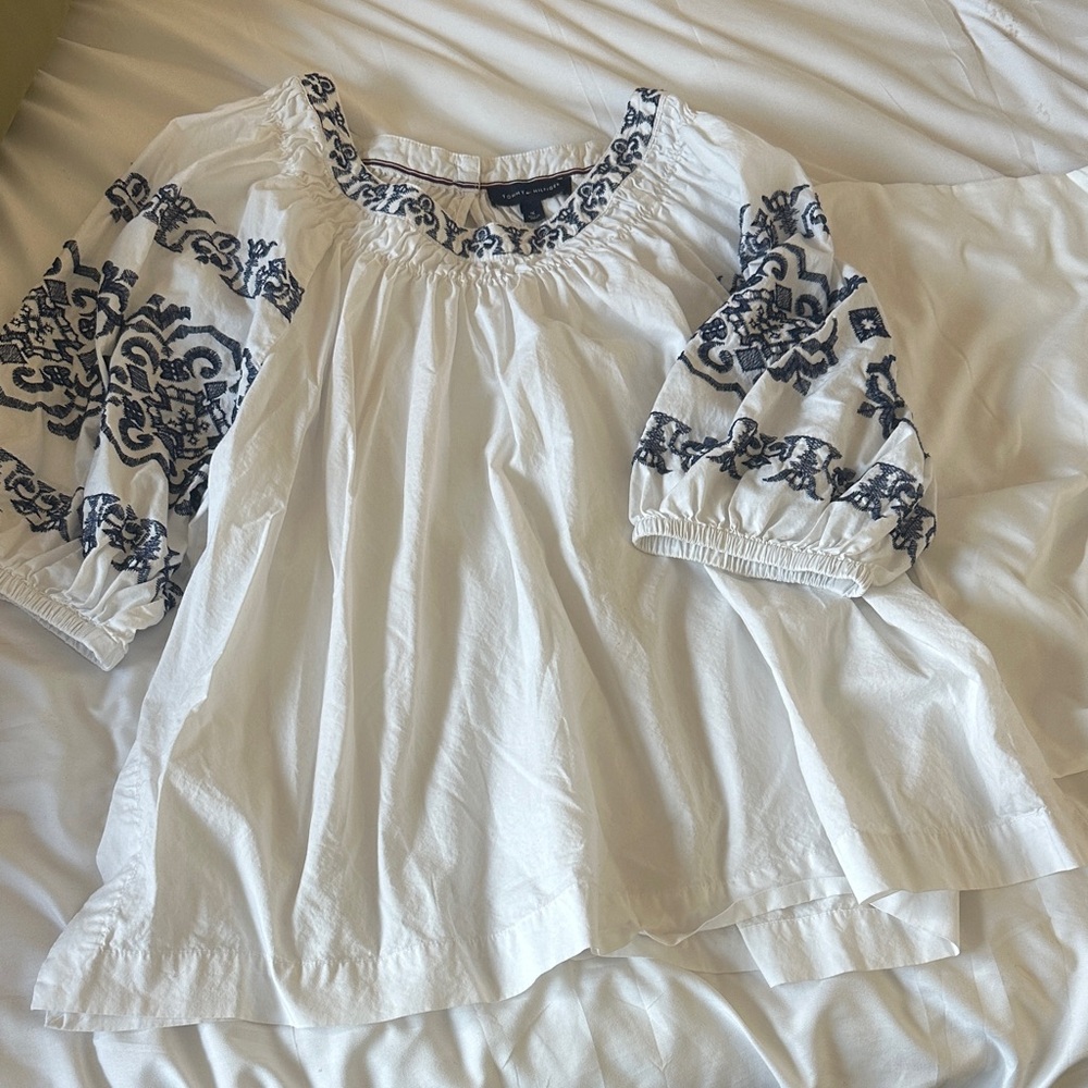 Tommy Hilfiger White Blouse with Navy Embroidery